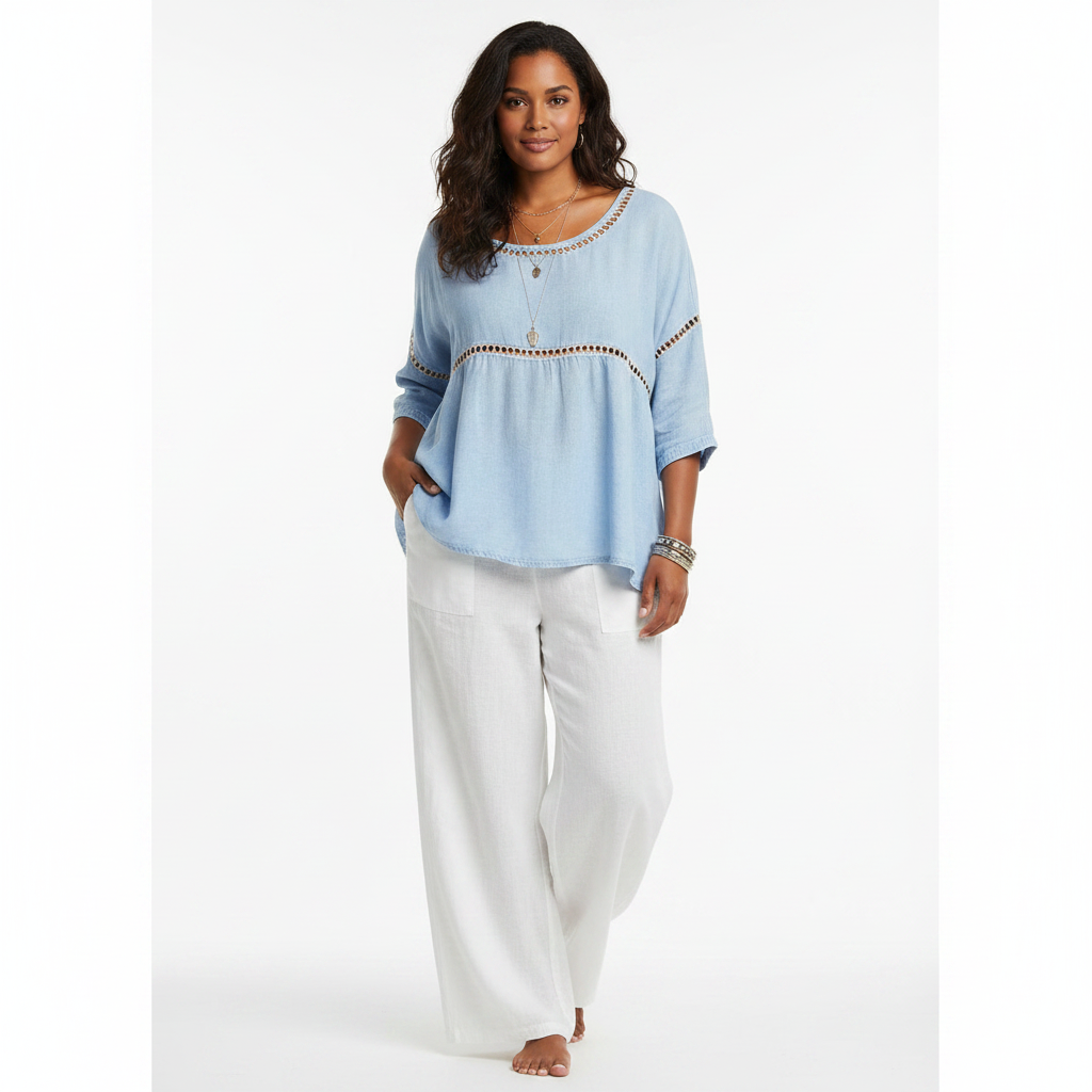 Sky blue boho floral hollow-out round neck top