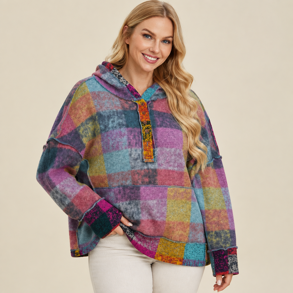 Heliotrope purple plaid dropped-shoulder fleece hoodie, detail