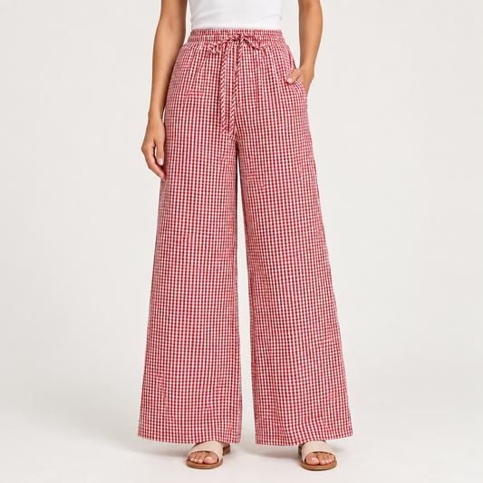 Red gingham wide-leg pants, front
