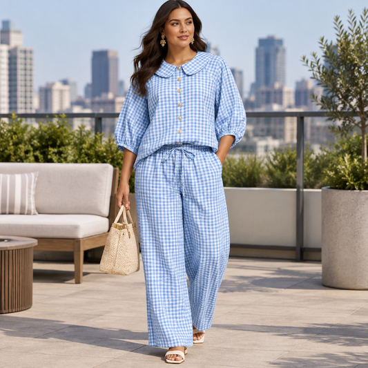 Light blue plaid button-up shirt and matching pants set on a city terrace