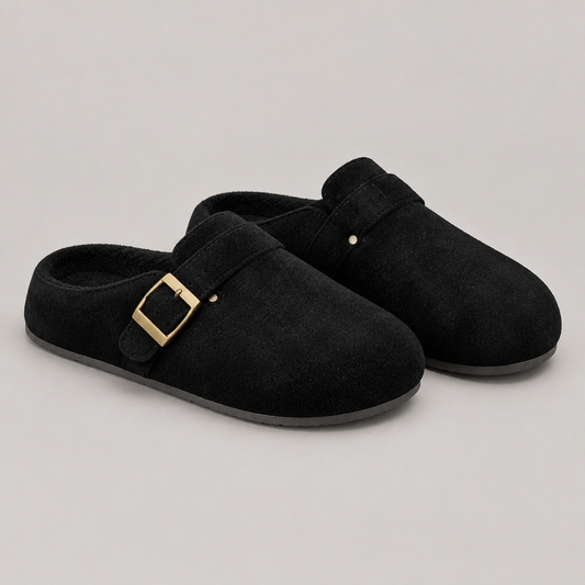 Black buckle decor round toe slippers, studio view
