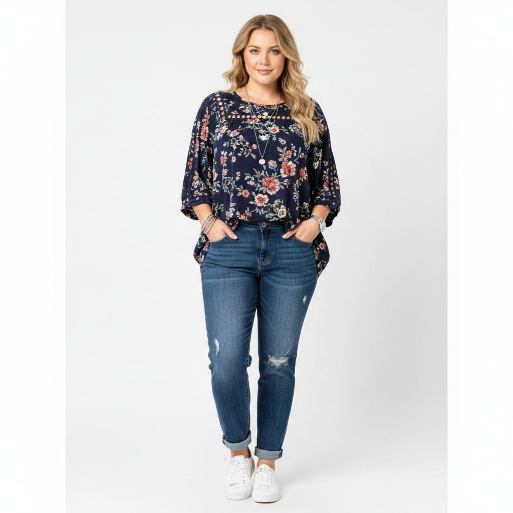 Navy boho floral hollow-out round neck top