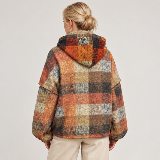 Tangerine half-zip fleece hoodie, back view