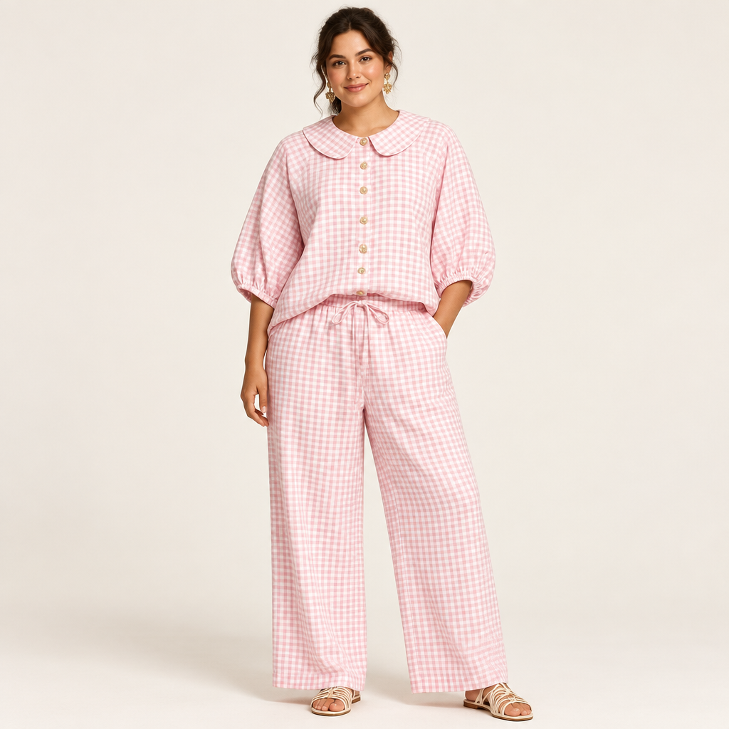 Pink plaid button-up shirt and matching pants set in a studio view