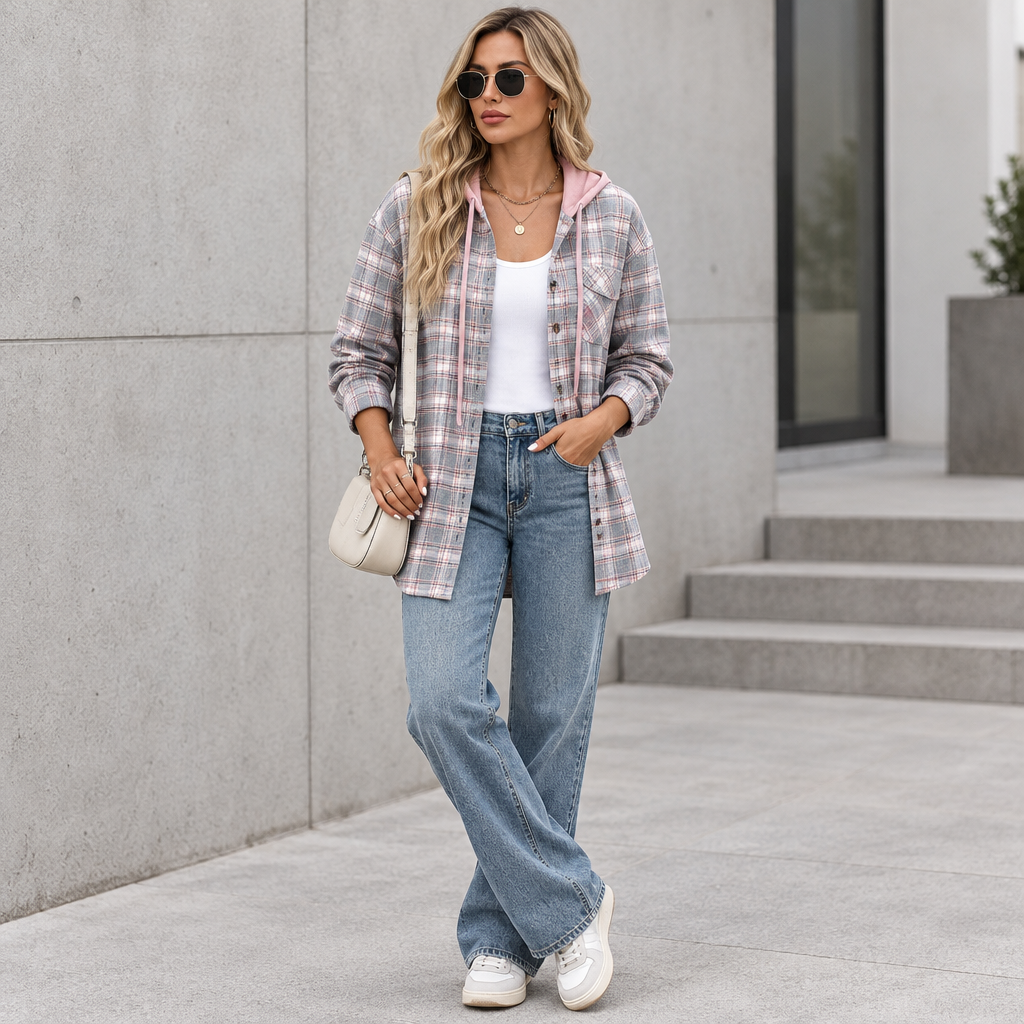 Grey plaid button-up hooded shirt styled in an urban setting