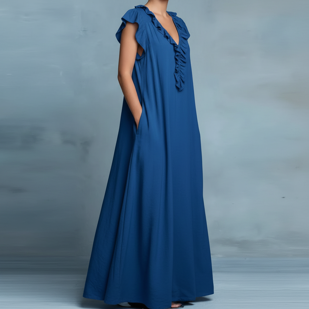 Blue Ruffled V-Neck Maxi Dress - Product Shot