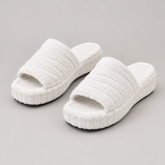 White open toe platform slippers, studio view