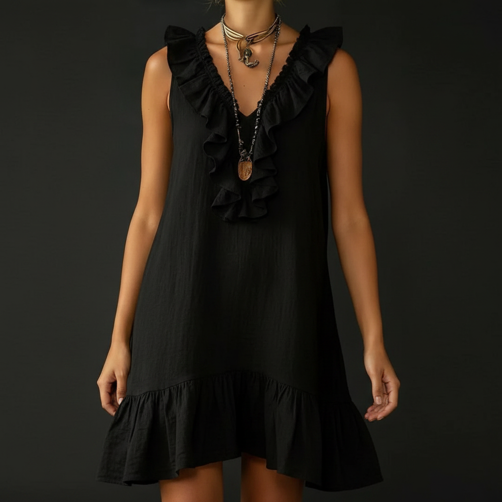 Black Ruffled Hem V-Neck Sleeveless Dress - Detail