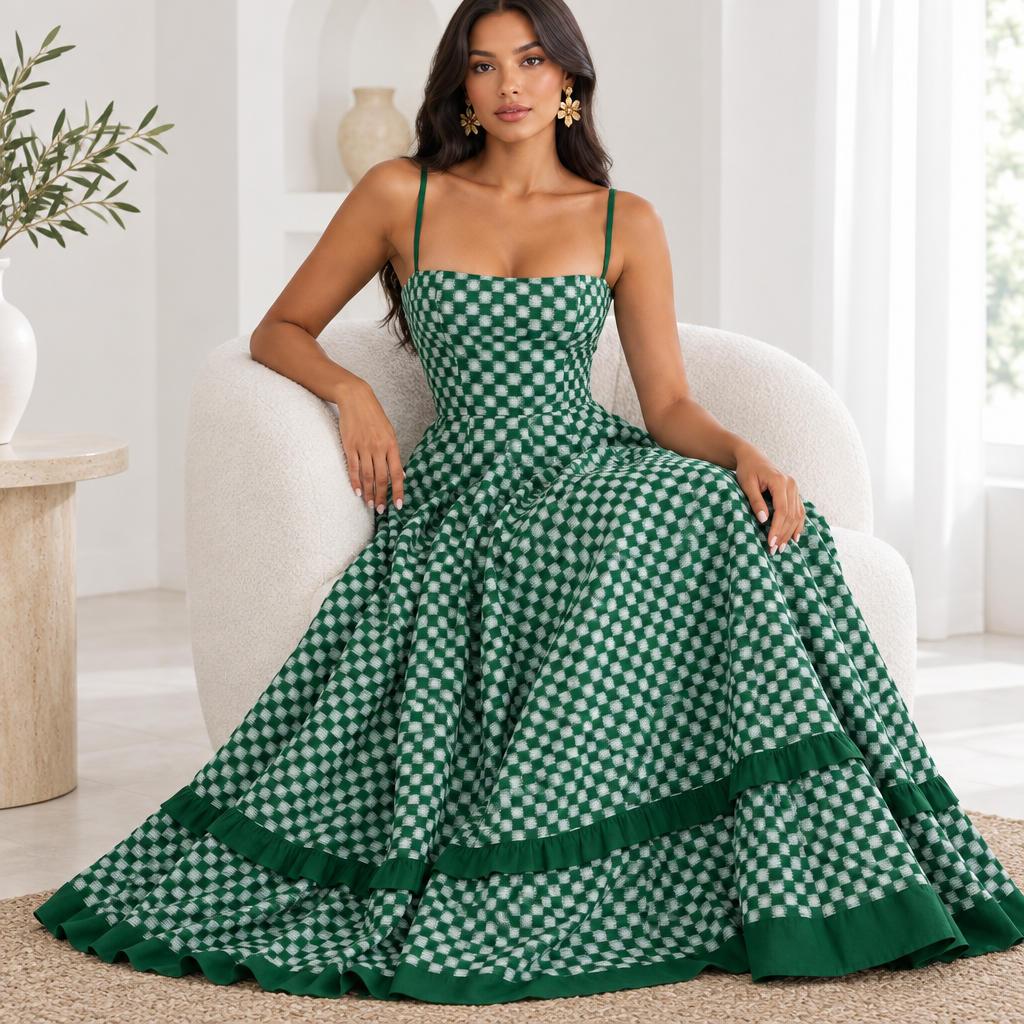 Green checkered spaghetti strap maxi dress in a seated editorial pose