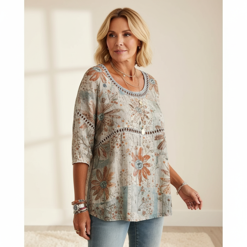Khaki boho floral hollow-out round neck top - window light editorial