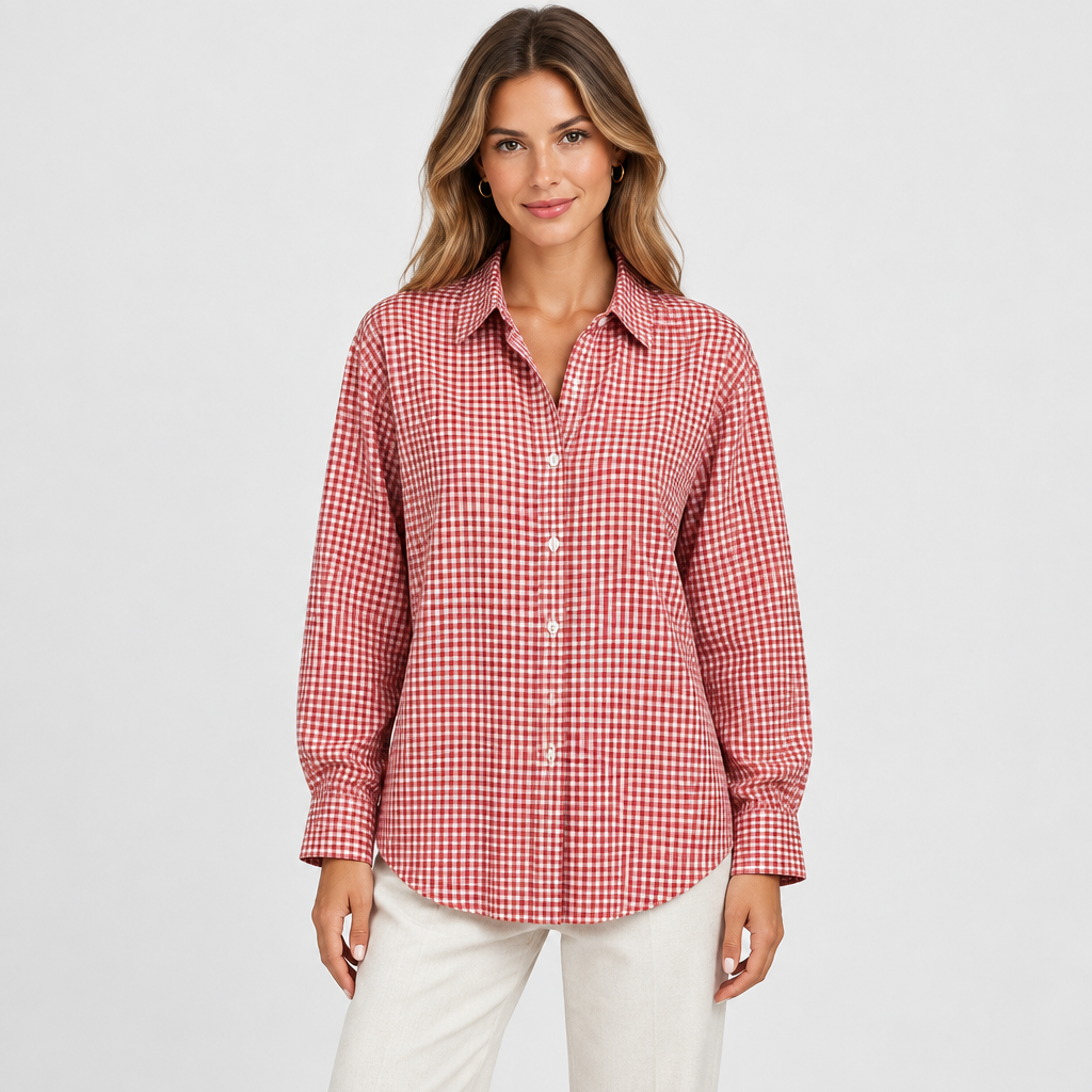 Red plaid button-up shirt on a slim adult model, studio