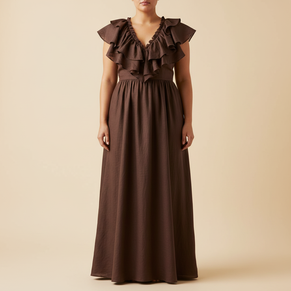 Brown Ruffled V-Neck Maxi Dress - Product Shot