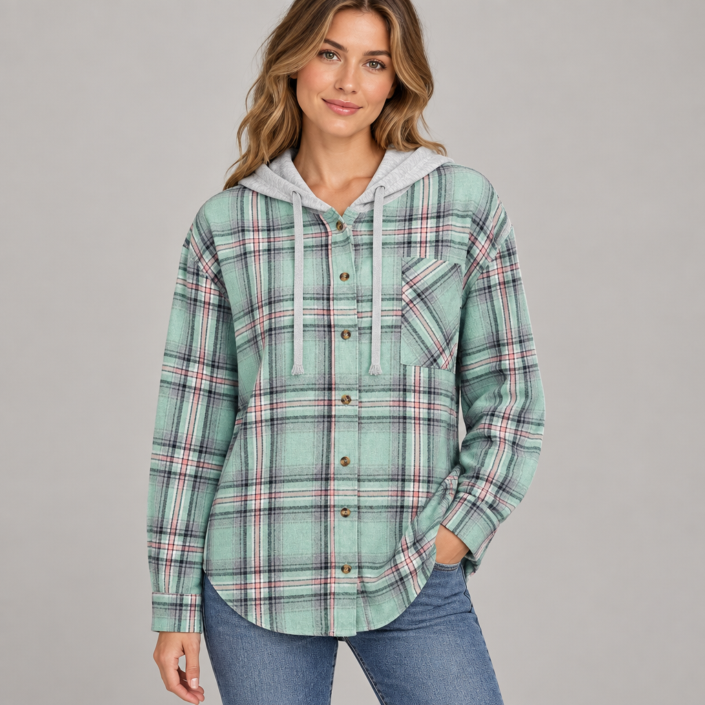 Green plaid button-up hooded shirt with chest pocket in a studio view