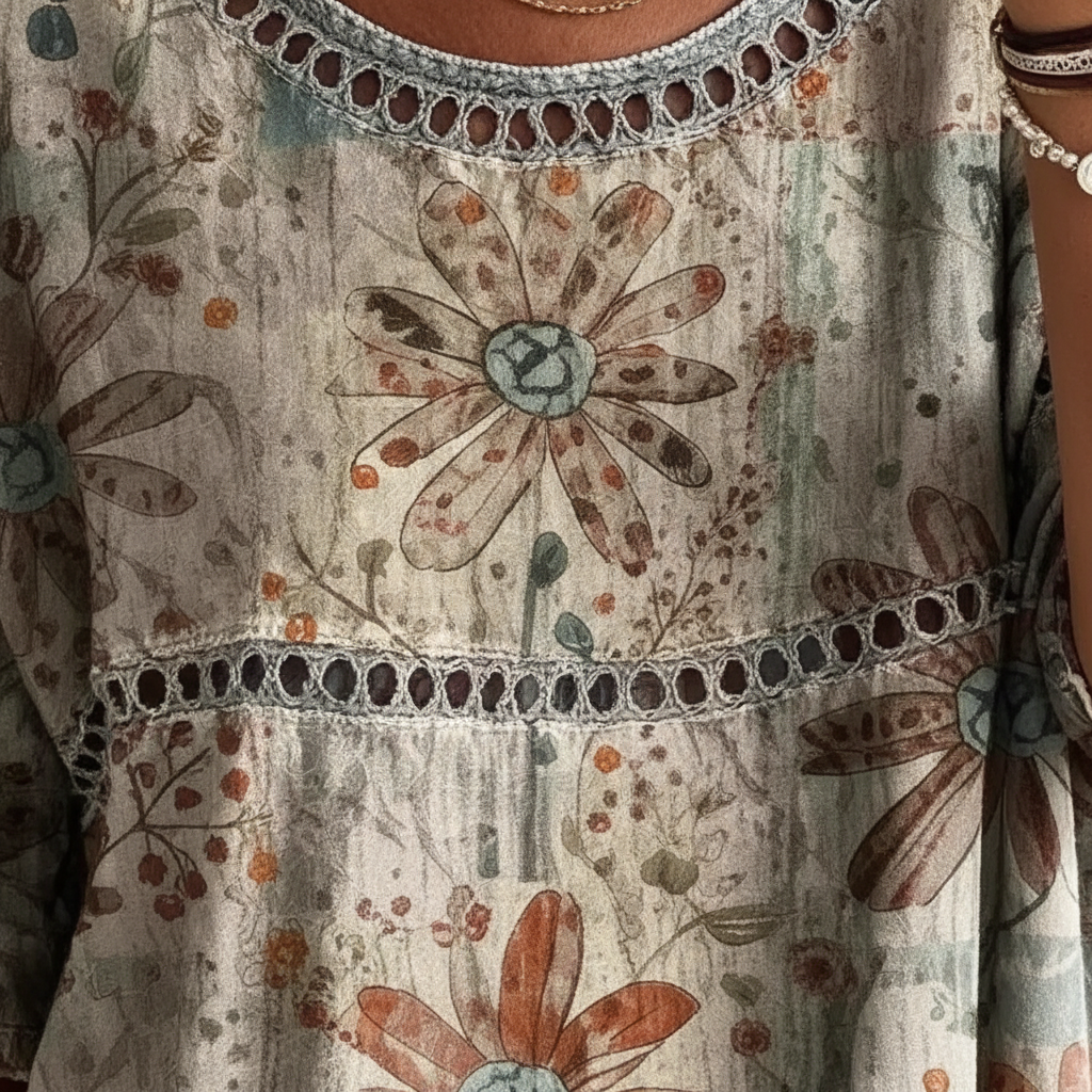 Khaki boho floral hollow-out round neck top - lace trim detail close-up