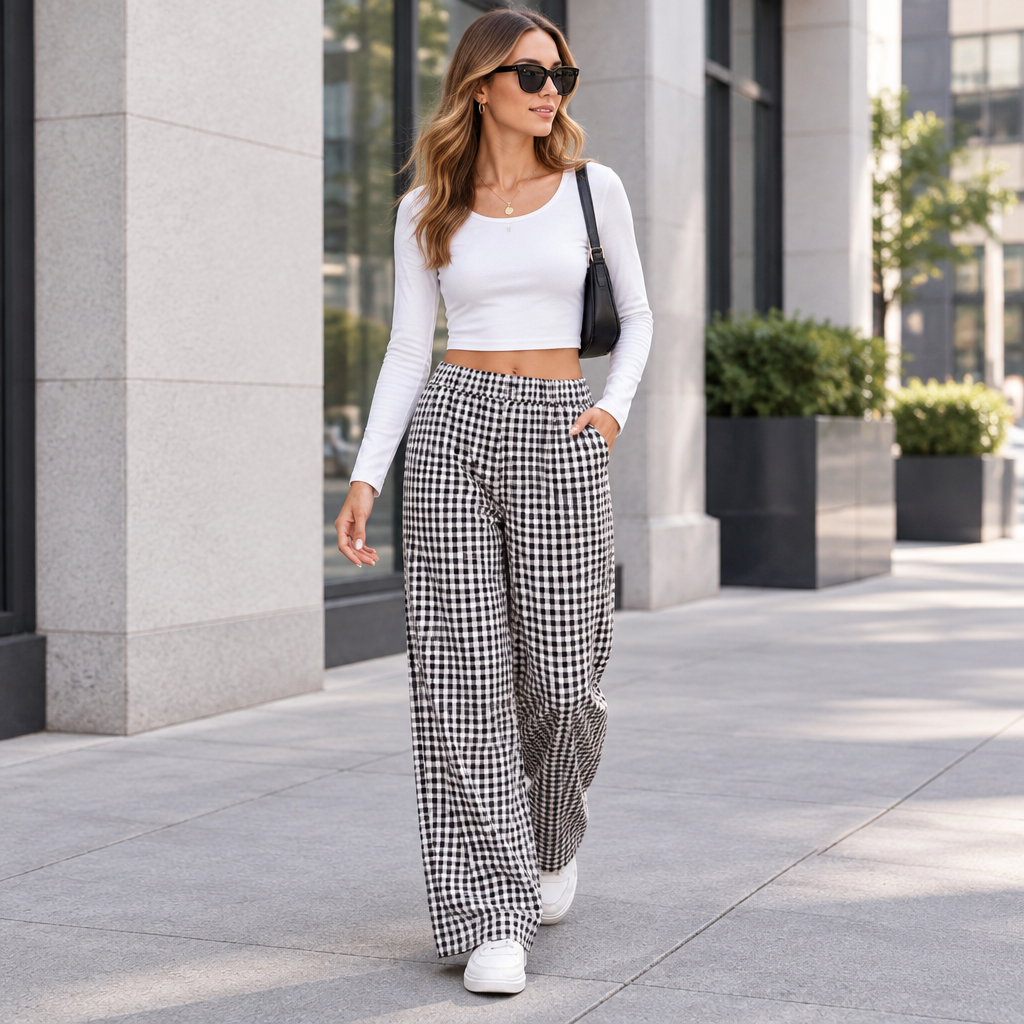 Black plaid wide-leg casual pants styled in a downtown setting