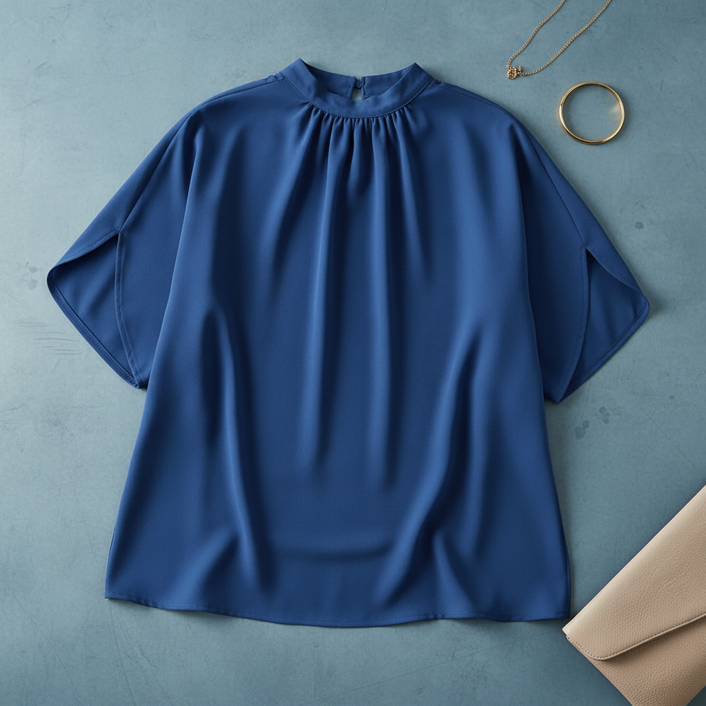 Royal Blue Tie Back Slit Half Sleeve Blouse - Flat Lay