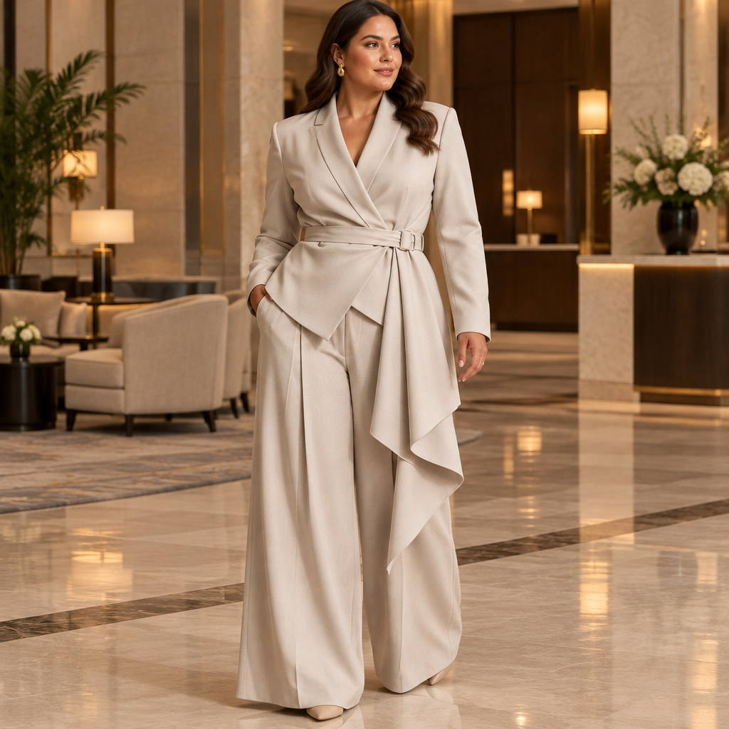 Plus-size beige belted blazer and wide-leg pants set styled in an elegant hotel