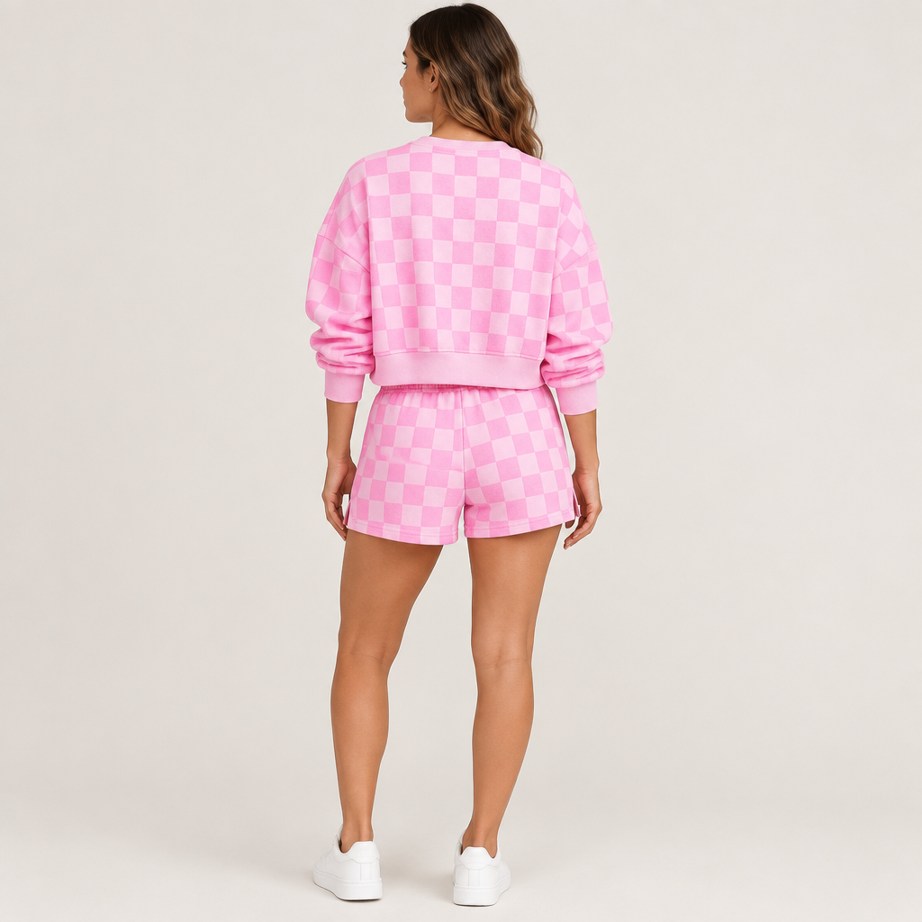 Pink checkerboard top and shorts set, back view