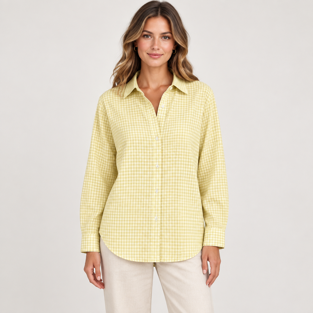 Light yellow plaid button-up shirt on a slim adult model