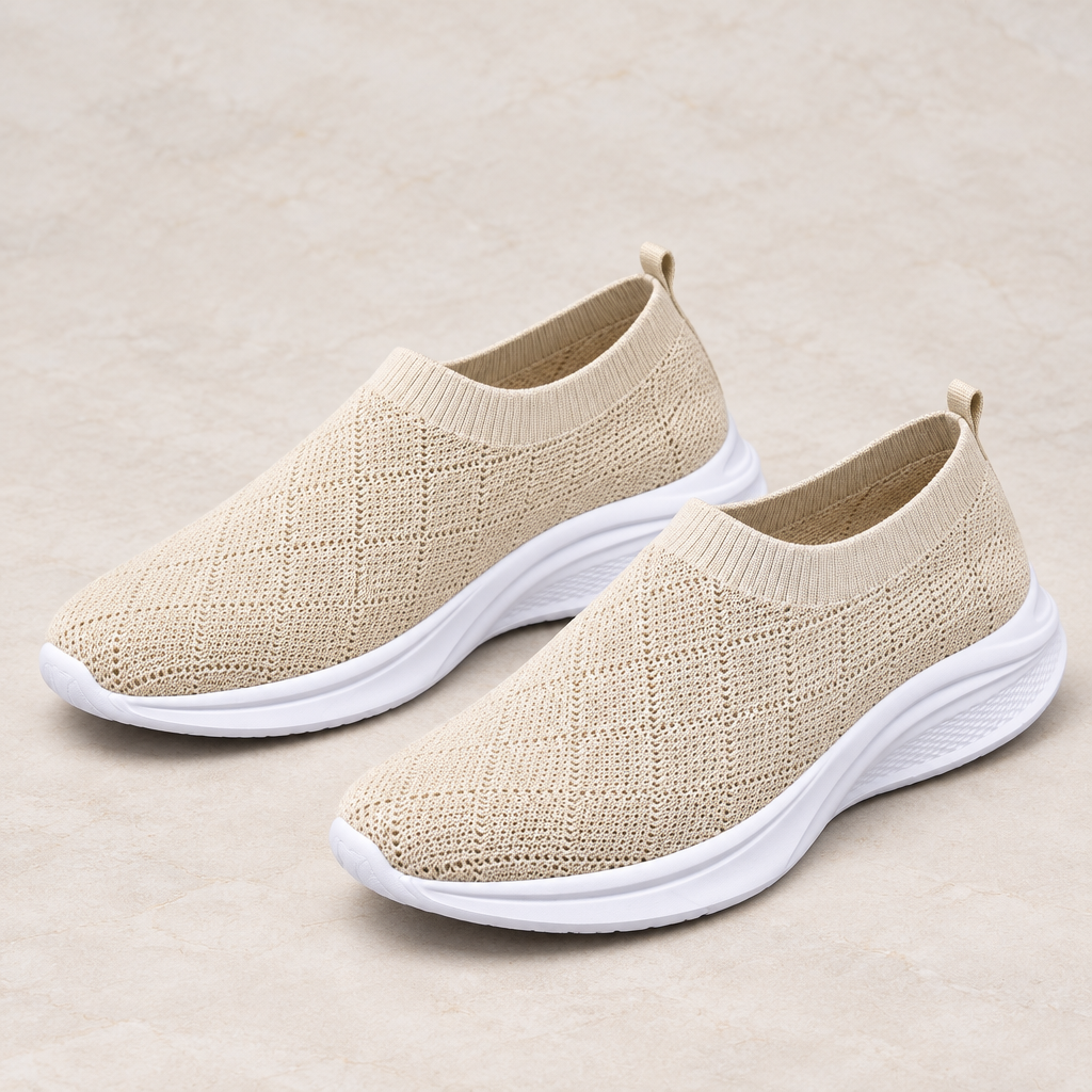 Beige breathable mesh round toe shoes, studio view