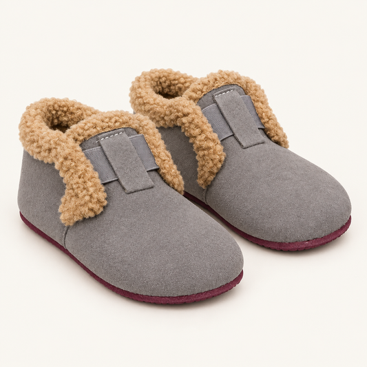 Gray faux fur lined slip-ons, studio view