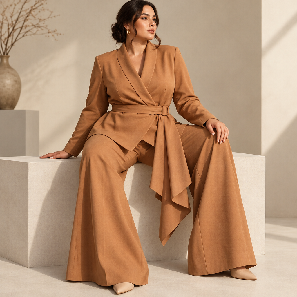 Plus-size caramel belted blazer and wide-leg pants set in a seated editorial pose