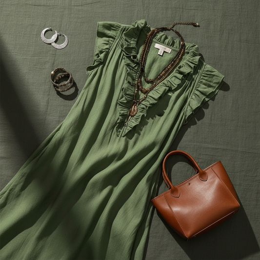 Army Green Ruffled V-Neck Maxi Dress - Flat Lay