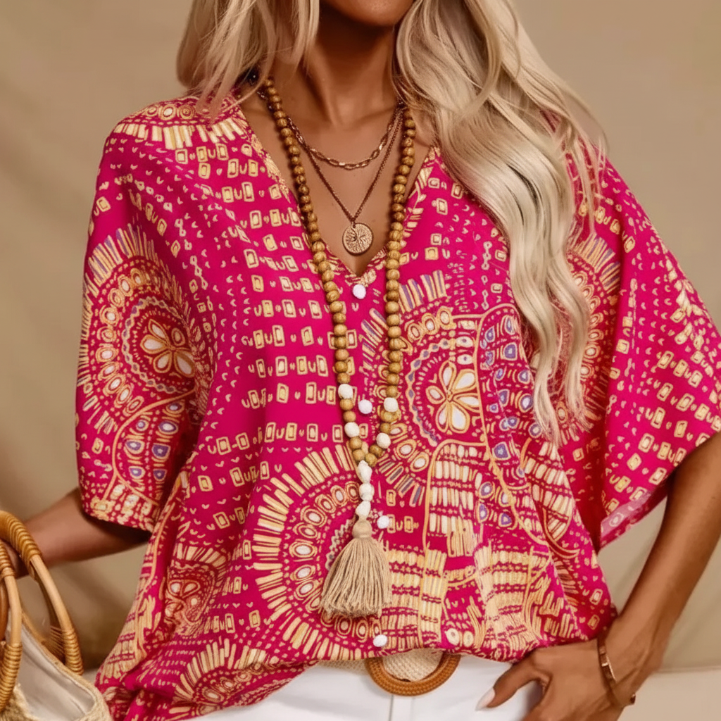Hot pink boho printed V-neck half sleeve top - neckline detail