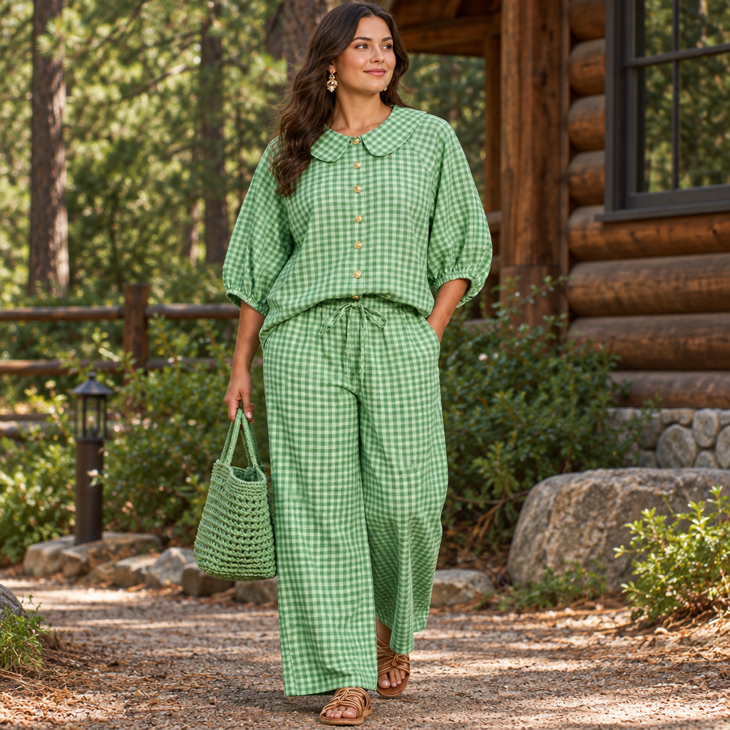 Green plaid button-up shirt and matching pants set outside a woodland lodge