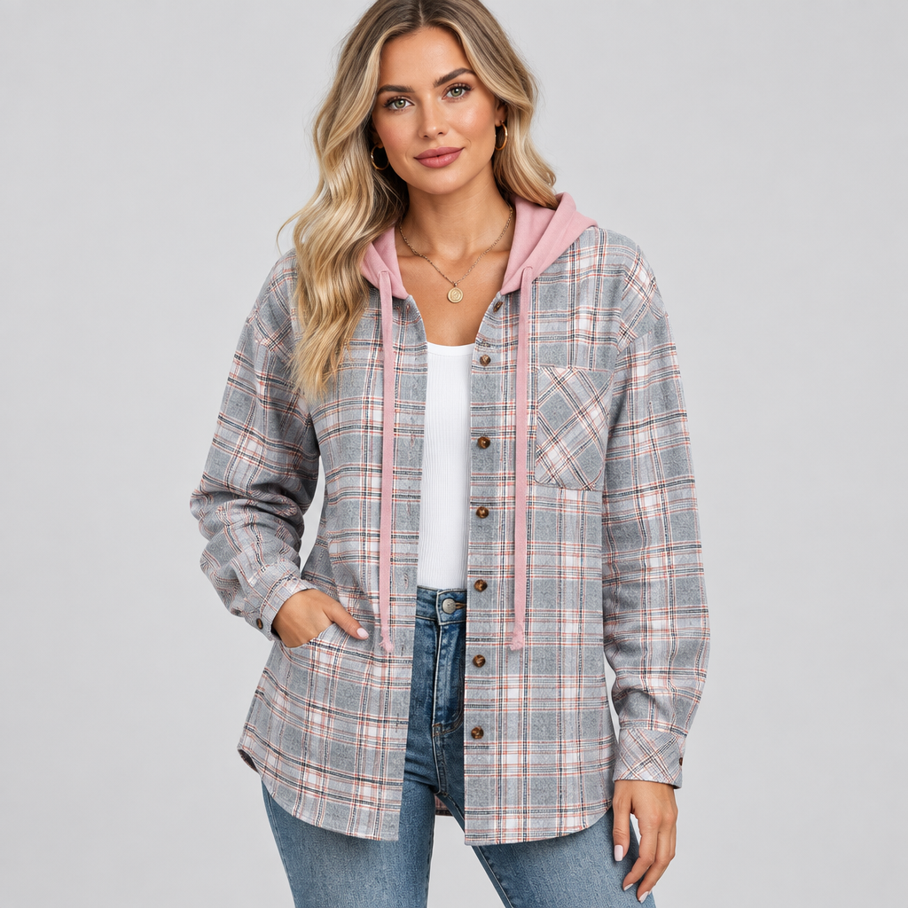 Grey plaid button-up hooded shirt with chest pocket in a studio view