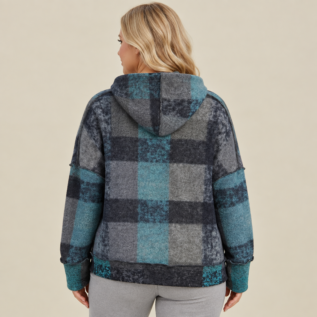 Dark gray plaid dropped-shoulder fleece hoodie, back