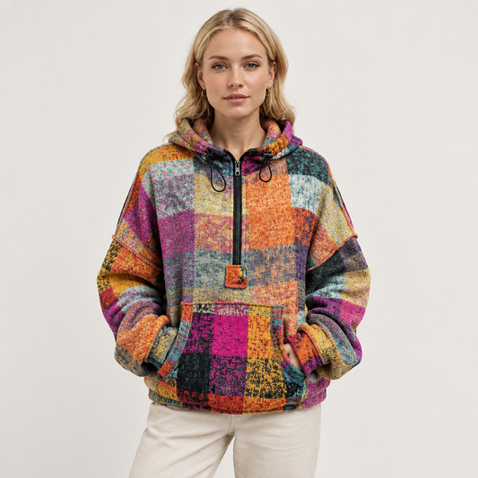 Tangerine half-zip fleece hoodie, front view