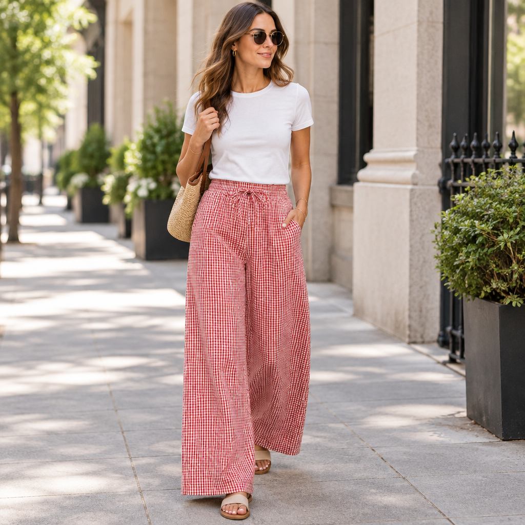 Red gingham wide-leg pants, city