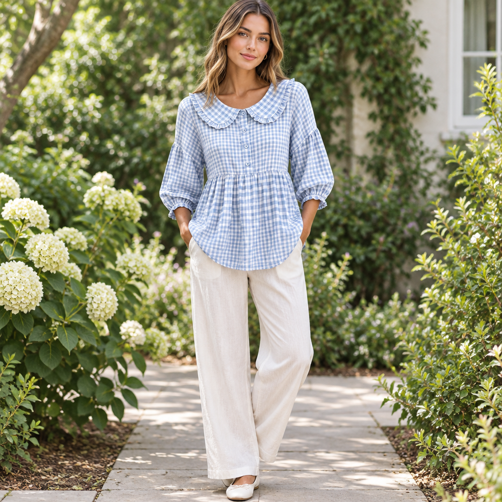 Sky blue gingham Peter Pan collar blouse on slim adult model, garden