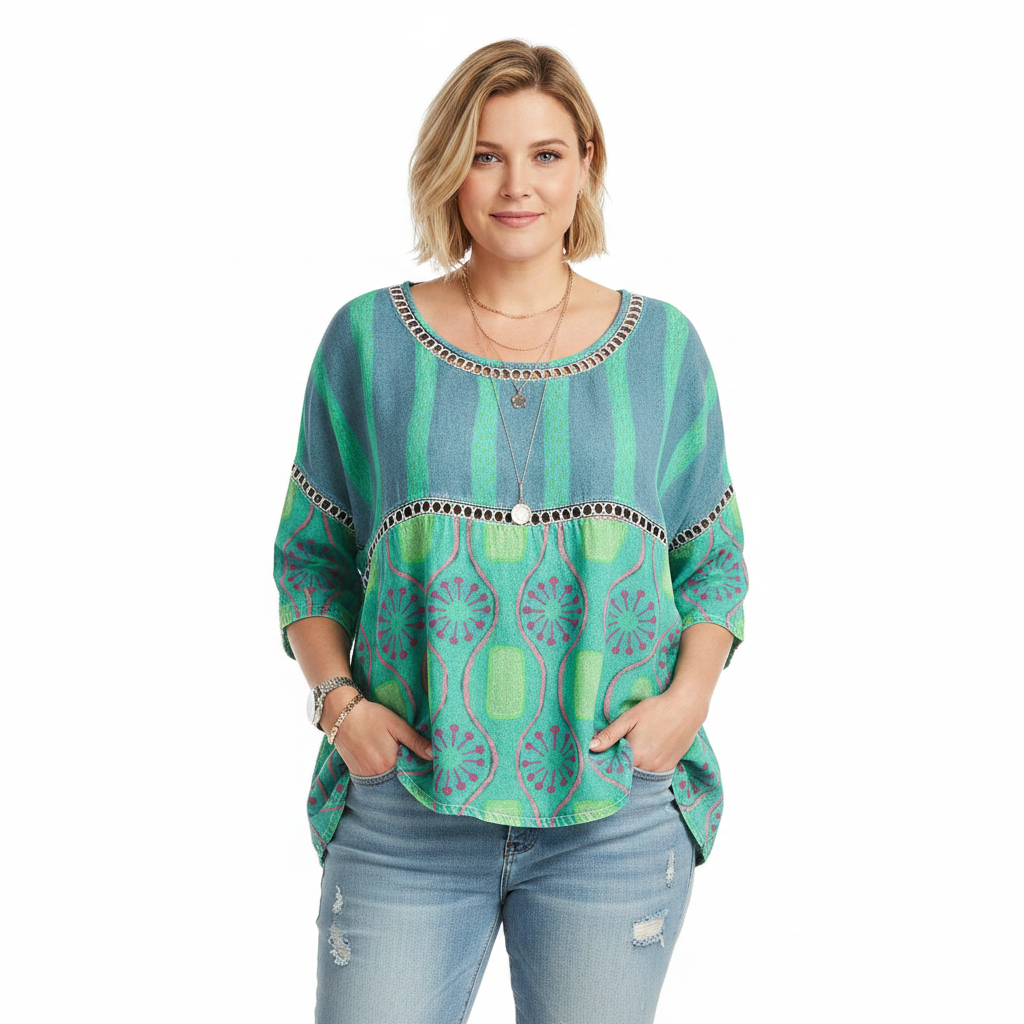 Green boho floral hollow-out round neck top