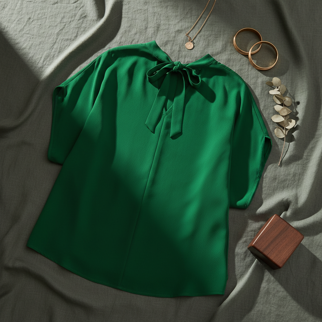 Dark Green Tie Back Slit Half Sleeve Blouse - Flat Lay