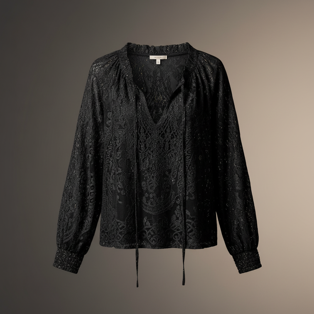 Black Lace Tie-Neck Blouse - Product Shot