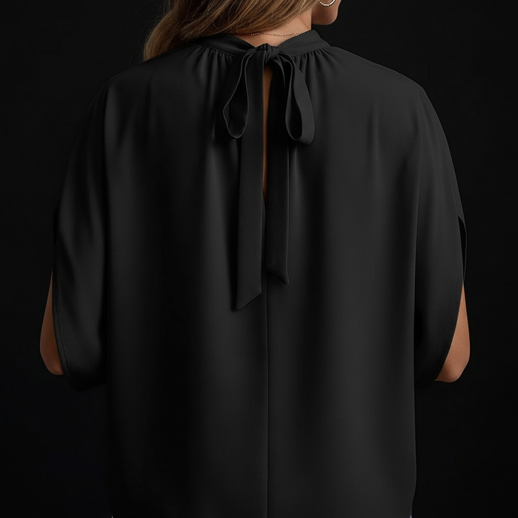 Black Tie Back Slit Half Sleeve Blouse - Detail