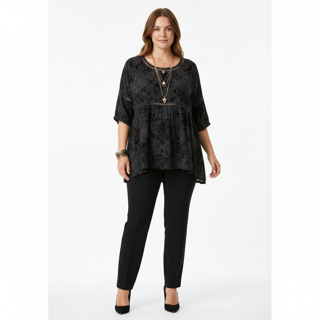 Black boho floral hollow-out round neck top