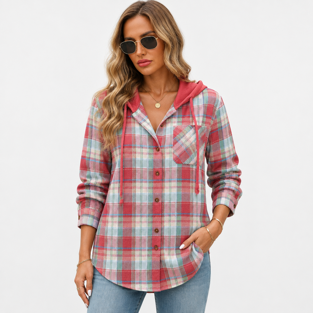 Red plaid button-up hooded shirt with chest pocket in a studio view
