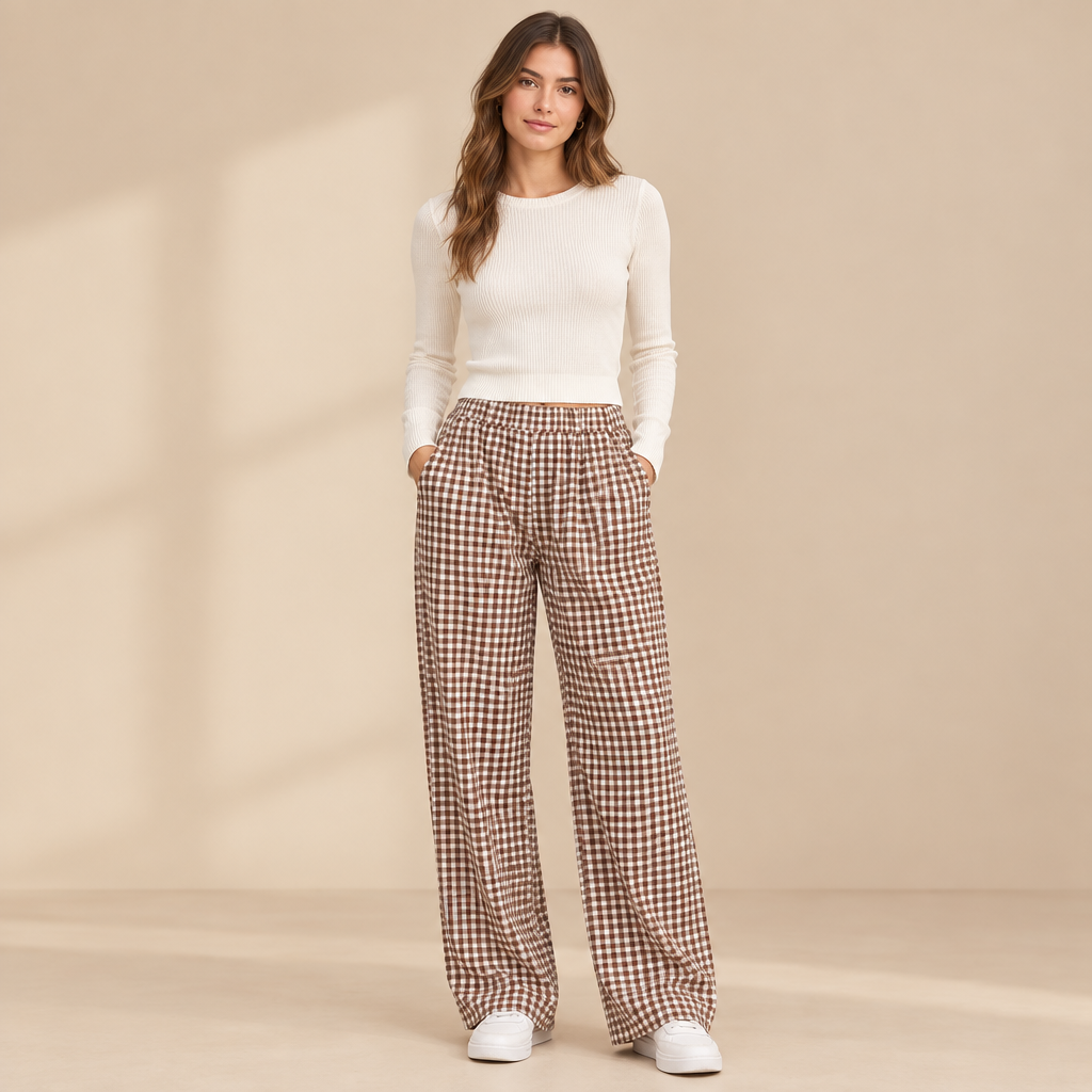 Brown plaid wide-leg casual pants in a full-length studio view