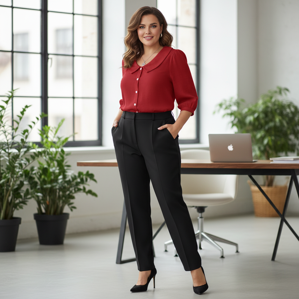 Red Peter Pan collar shirt - office chic styling