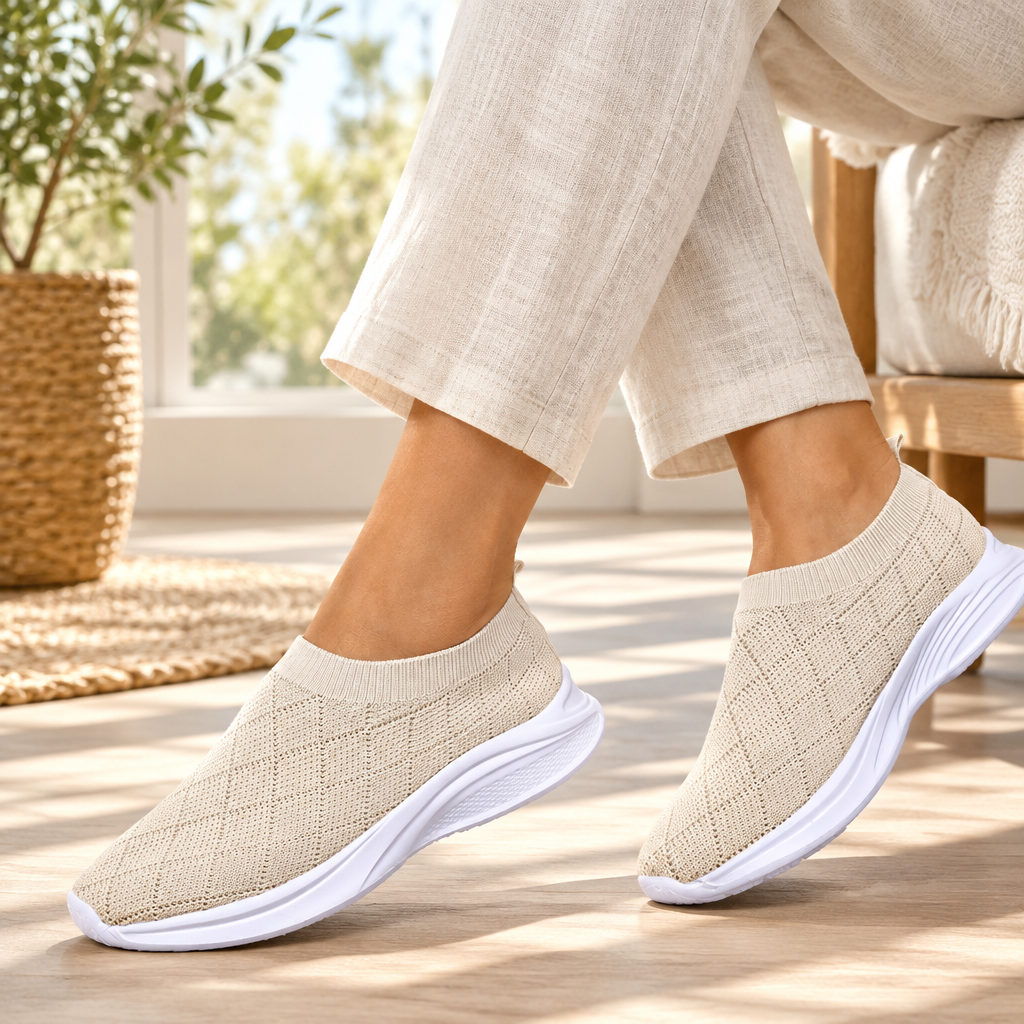 Beige breathable mesh round toe shoes styled with trousers