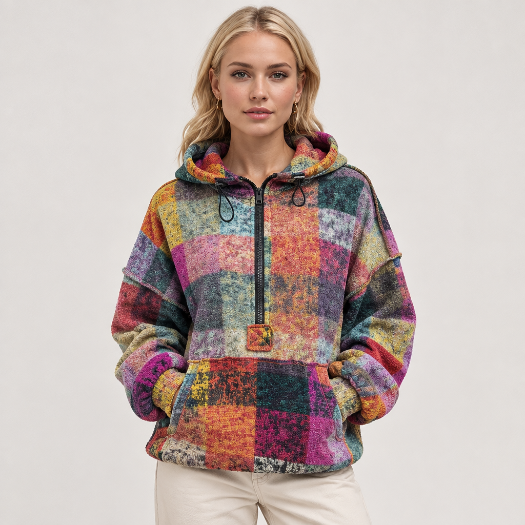Multicolored half-zip fleece hoodie, front view