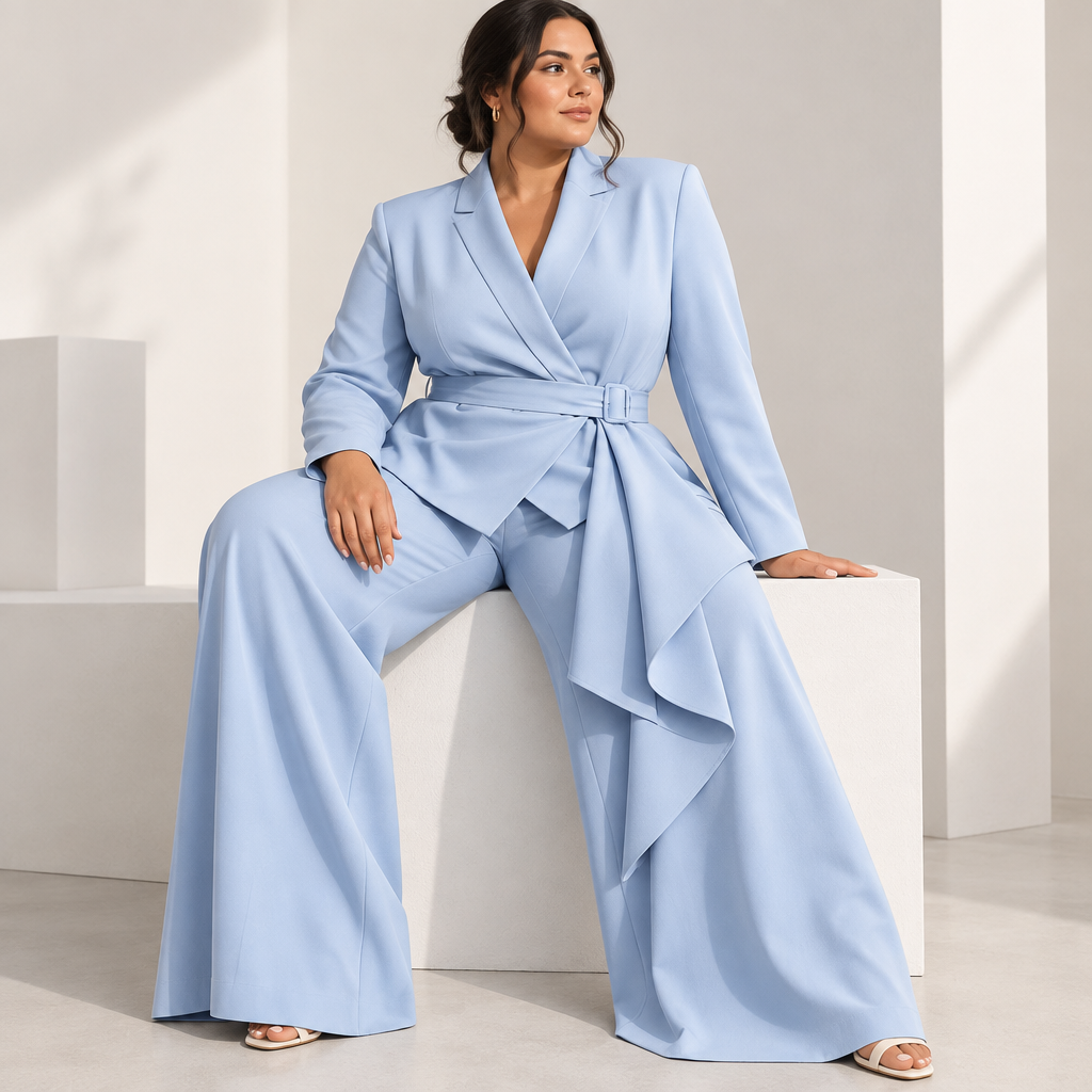 Plus-size light blue belted blazer and wide-leg pants set in a seated editorial pose