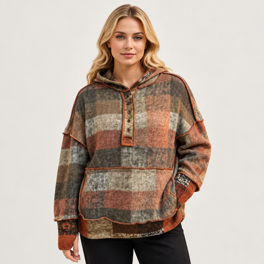 Tangerine plaid dropped-shoulder fleece hoodie, front
