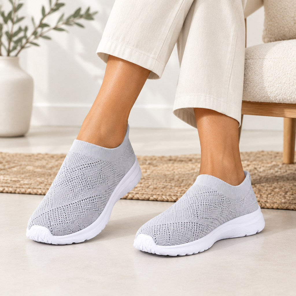 Gray breathable mesh round toe shoes styled with trousers