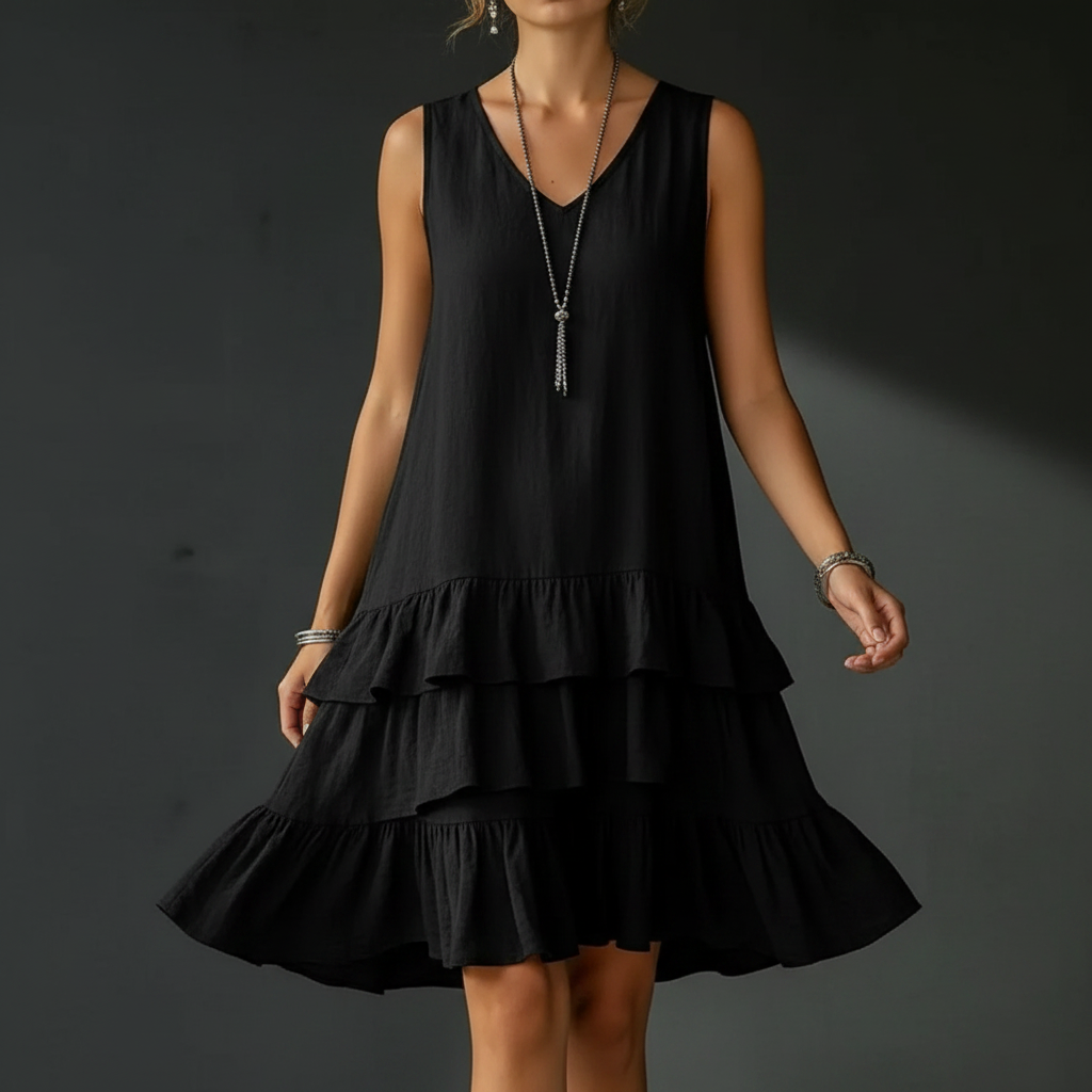 Black Ruffled Hem V-Neck Sleeveless Dress - Product Shot