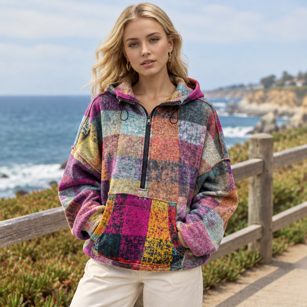 Multicolored half-zip fleece hoodie, coastal walkway