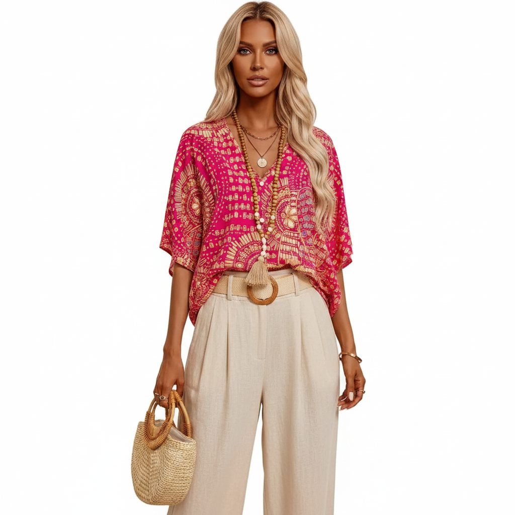 Hot pink boho printed V-neck half sleeve top - trousers